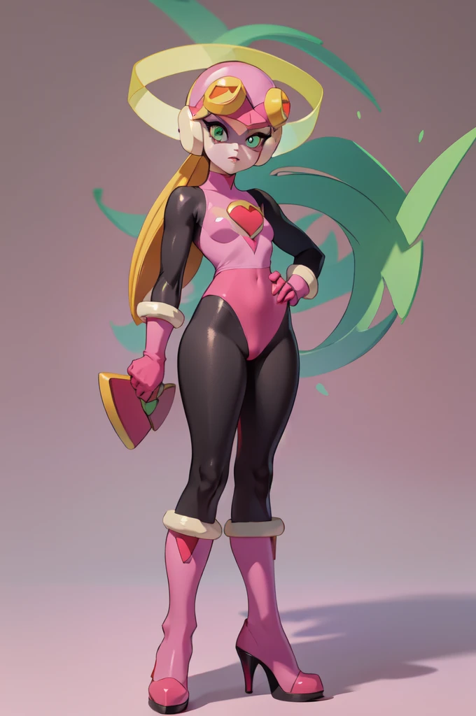 masterpiece, best quality, 1girl, evilroll, helmet, blonde hair, green eyes, eyeshadow, makeup, high heels, fang out, bodysuit, pink gloves, pink boots, hands on hips, simple background 