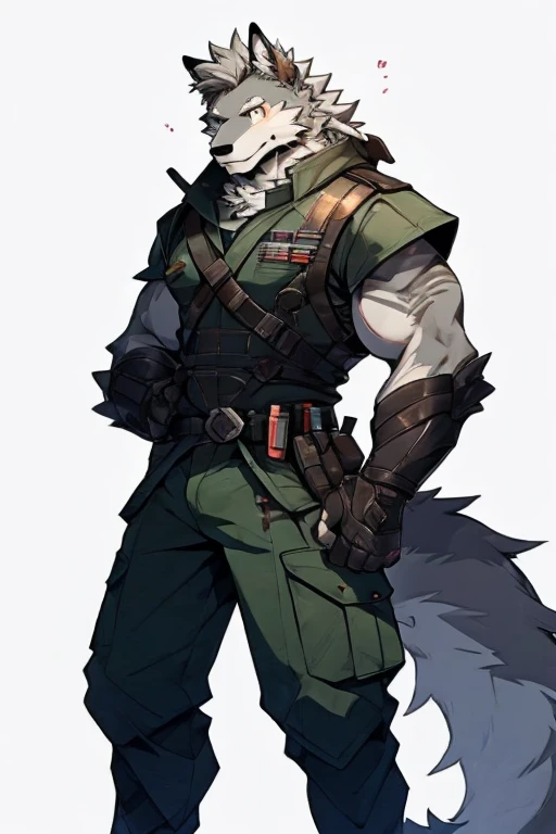 An Upper Body And Right Body Picture of A Very Muscular Furry style Gray Wolf. he is wearing Full Armed Dark Green Soldier military Suit outfit. He is looking at the viewer. The background is only solid white nothing but just white. His hair is spikey and messy. He have A gray hair. He have a little smile with blushes on his face in shyness. He have a very long tail. he have gray eyes. his both hand are gripping together in between his legs. he is standing in the background.