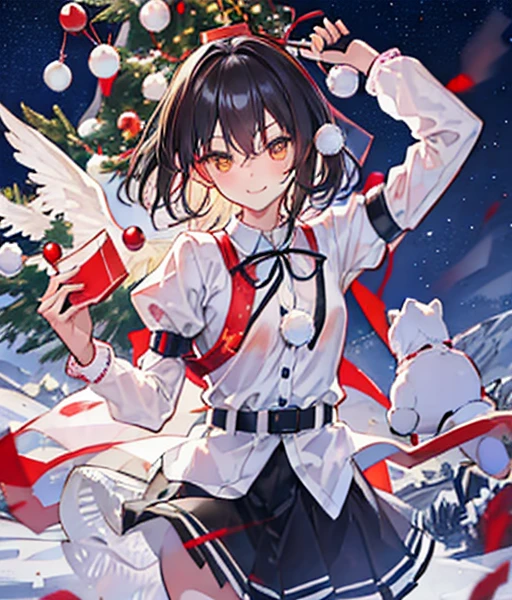 shirogane noel are having a christmas party, christmas trees with snow scenery, white horse with santa claus next to him 🐎, eating christmas cake and drinking champagne, mary christmass with horses shirogane noel, journalisitc flying in the sky, journalisitc flying in the sky, badass, small chest, shooting stars, night sky, the newspapers arround him flying, jupiter orbit, shameimaru aya, yukkuri, 1chibi princess, stand next to 🐻, smirk, cute, (chibi