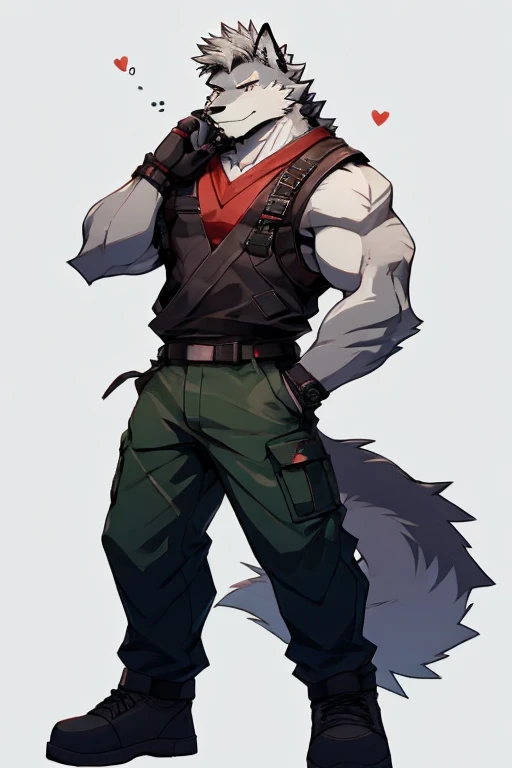 An Upper Torso Body And Right Body Picture of A Very Muscular Furry style Gray Wolf. he is wearing Full Armed Dark Green Soldier military Suit outfit. He is looking at the viewer. The background is only solid white nothing but just white. His hair is spikey and messy. He have A gray hair. He have a little smile with blushes on his face in shyness. He have a very long tail. he have gray eyes. his both hand are gripping together in between his legs. he is standing in the background.