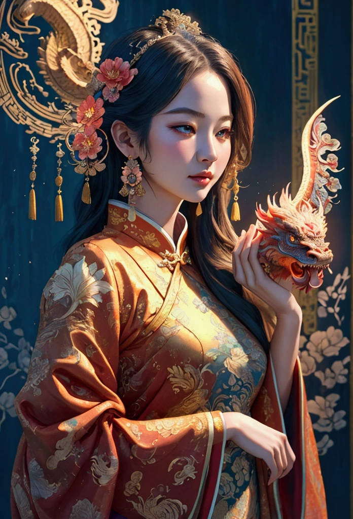 (Realistic illustration: 1.1, Ultra-realistic: 1.2, Masterpiece, Exquisite details: 1.2), A beautiful girl in a traditional Chinese dress, holding a Chinese dragon, detailed intricate ink wash painting, splashing ink, vibrant splattered colors, stunning sketch, masterpiece, best quality, beautifully rendered, extremely detailed, hyperrealistic, cinematic lighting, dramatic composition, elegant, graceful, serene