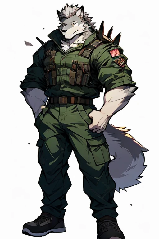 An Upper Torso Body And Right Body Picture of A Very Muscular Furry style Gray Wolf. he is wearing Full Armed Dark Green Soldier military Suit outfit. He is looking at the viewer. The background is only solid white nothing but just white. His hair is spikey and messy. He have A gray hair. He have a little smile with blushes on his face in shyness. He have a very long tail. he have gray eyes. his both hand are gripping together in between his legs. he is standing in the background.