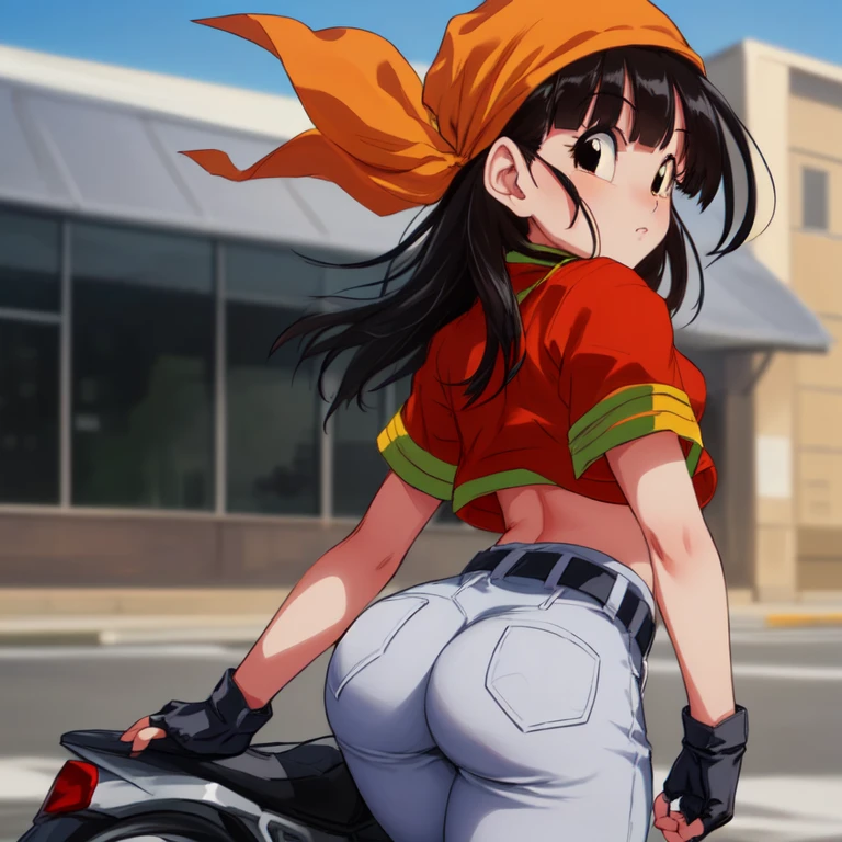 masterpiece, The best quality, The highest quality, photorealistic, perfect anatomy, Perfect face, perfect eyes, pandballgt, 1 , black eyes, black hair, short hair, orange scarf, pants, fingerless gloves, red shirt, Crop above, exterior, ((show legs)),pose sexy, (((SHOW ASS)))