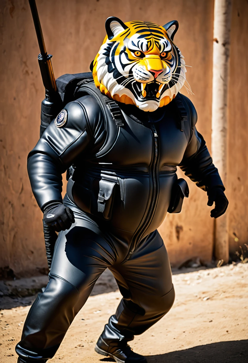 (a dark-skinned fat muscular old man in a bulky army camouflage zipper diver suit), carrying an AK-47, (wearing a small-sized realistic roaring tiger mask), dynamic action pose, fierce expression, roaring, showcasing an imposing stature, surrounded by military elements, dramatic shadows and intense highlights, cinematic color tones, high detail, powerful, art influenced by Bruce Onobrakpeya and Stanley Artgerm, ultra-detailed, best quality image, action-packed atmosphere, fighting stance. 