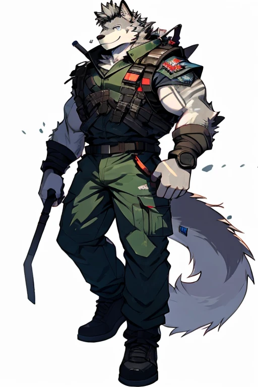 An Upper Torso Body And Right Body Picture of A Very Muscular Furry style Gray Wolf. he is wearing Full Armed Dark Green Soldier military Suit outfit. He is looking at the viewer. The background is only solid white nothing but just white. His hair is spikey and messy. He have A gray hair. He have a little smile with blushes on his face in shyness. He have a very long tail. he have gray eyes. his both hand are gripping together in between his legs. he is standing in the background.