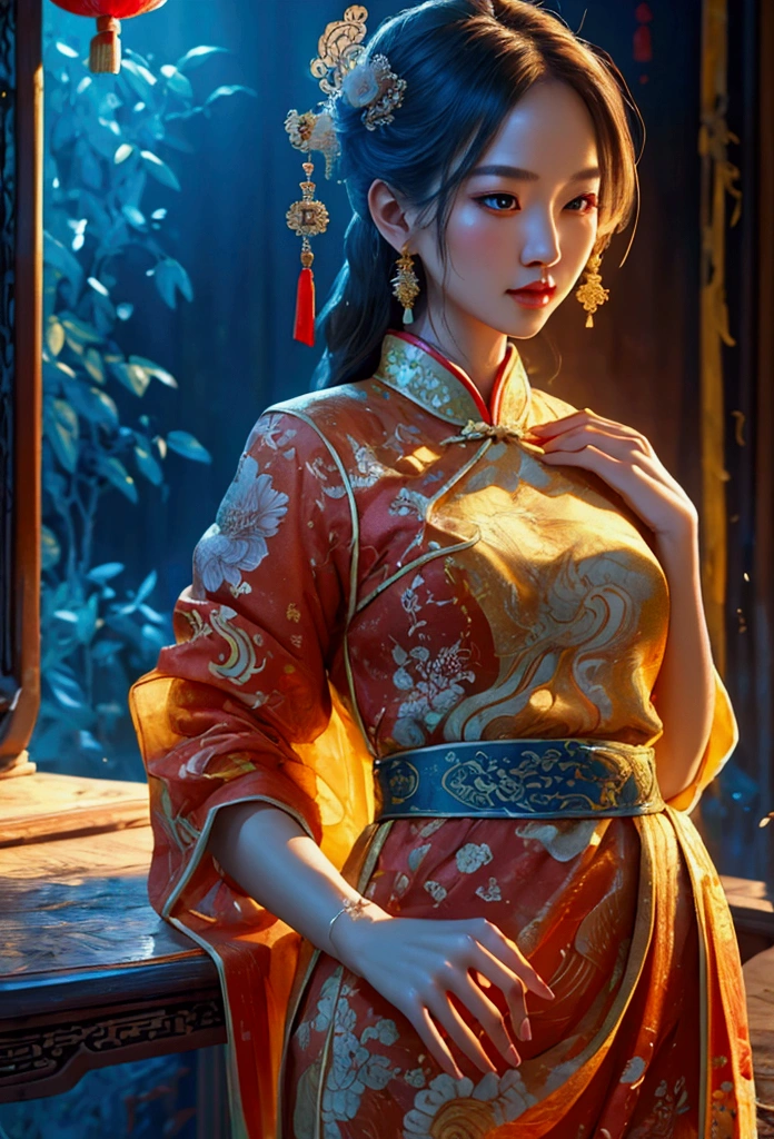 (Realistic illustration: 1.1, Ultra-realistic: 1.2, Masterpiece, Exquisite details: 1.2), A beautiful girl in a traditional Chinese dress, holding a Chinese dragon, detailed intricate ink wash painting, splashing ink, vibrant splattered colors, stunning sketch, masterpiece, best quality, beautifully rendered, extremely detailed, hyperrealistic, cinematic lighting, dramatic composition, elegant, graceful, serene