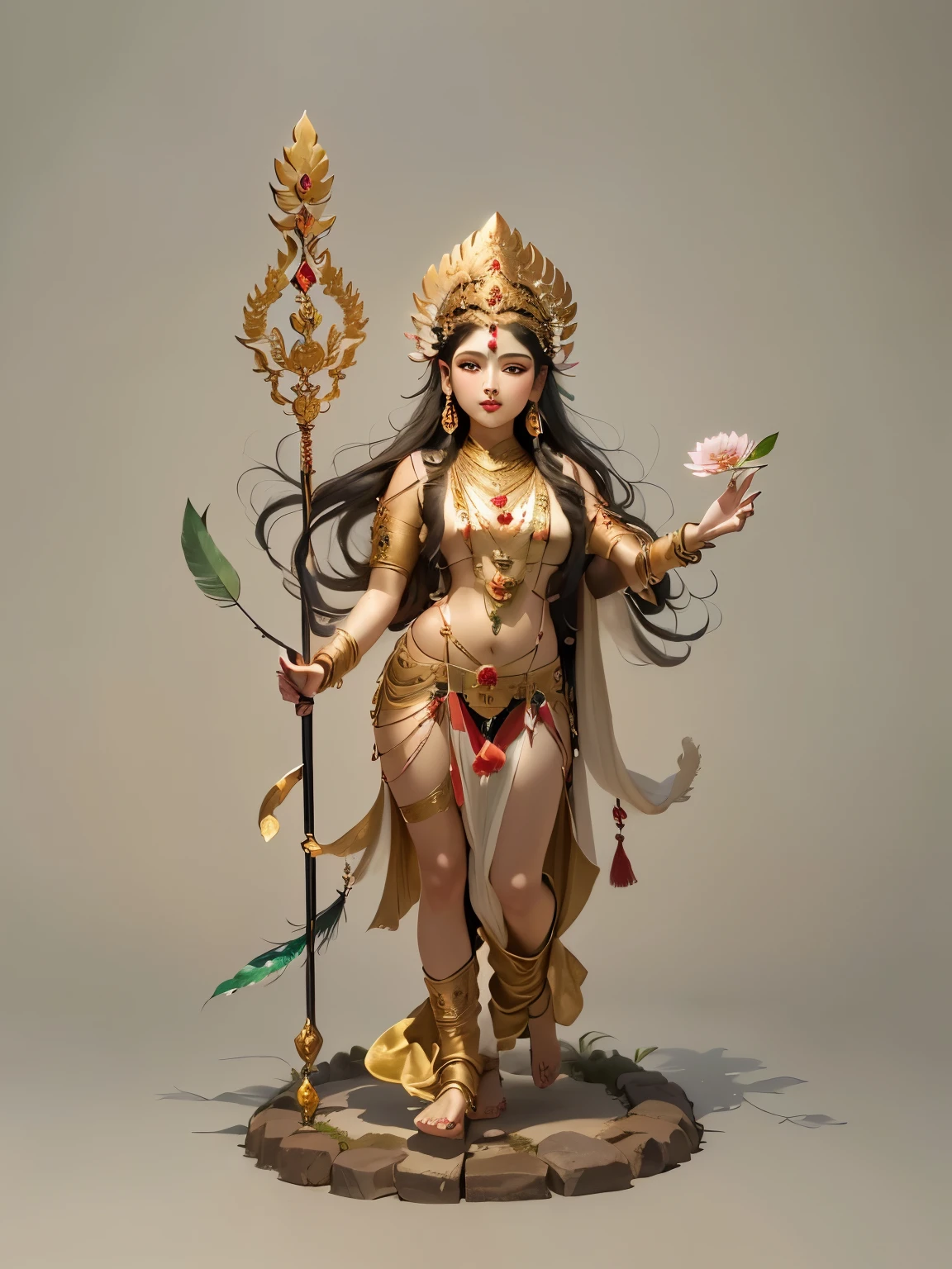 A green-skinned girl holding a trident stands in a garden，Young Girl，I.r“, IndIan goddess of wealth, IndIan goddess, In the right hand, he holds a halberd and a peacock feather fan，Holding a black snake in the left hand，Mudra of Giving Wishes。There is a meadow full of flowers under your feet，Snow-capped mountains in the distance。goddess. Extremely high level of detail, Hinduism is good, dIvIne goddess, female goddess, Complexion KE？Indian God, extremely detaIled goddess shot, 魅力goddess, Shiva, goddess of love and peace, mdae from matchstIcks Shiva, pagan goddess, time, earth goddess mythology, Hindu Art