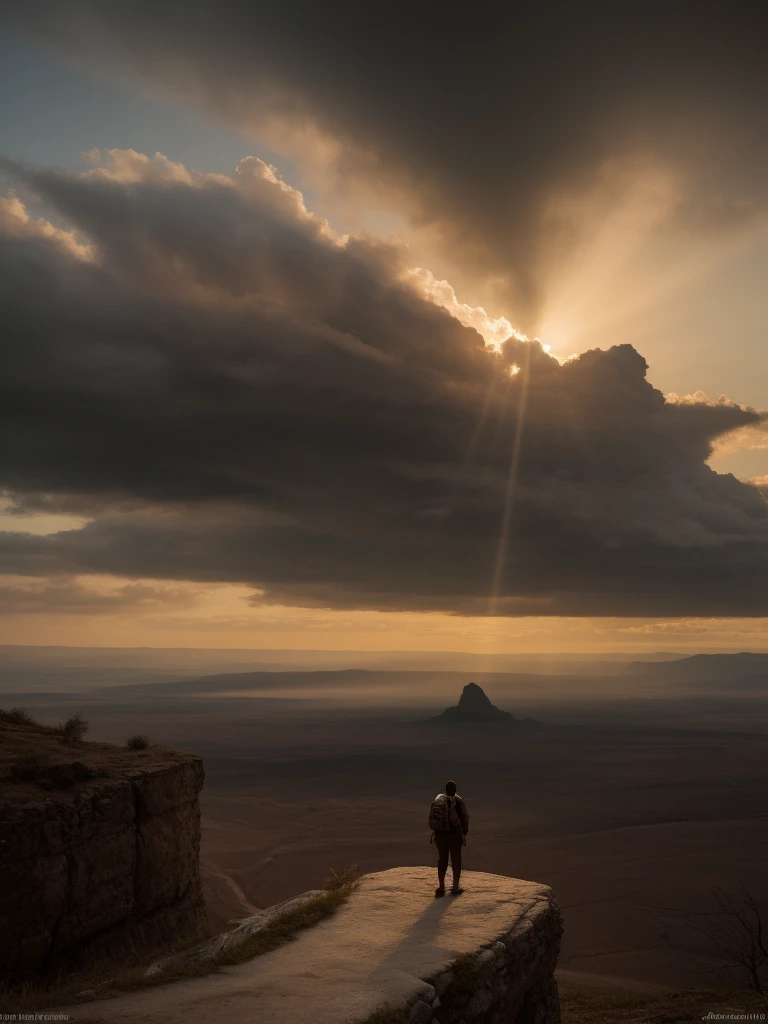 Spectacular artistic fusion,  The dreaded silence that hungers: out there and back. A lone figure of a female explorer with a backpack standing at the edge of a cliff, pensively staring out into a vast landscape of a dystopian and desolate city, at sunset, ray tracing, crepuscular rays, (cerebral:1.2), moody and atmospheric, cinematic masterpiece, a truly epic composition, apocalyptic art, futuristic folklore, (adventure pulp:1.3), she symbolises courage and resilience. The red haze fallout background should suggest a new dawn that aims to represent the "the day after tomorrow". Darkly Surreal colour palette, a combination of warm and cold hues, a spectacular fusion of colour and rich textures, surreal science fiction by surreal science fiction art—Simon Stålenhag, Jedd Chevrier, Michal Karcz, Darek Zabrocki, Kevin Jenkins and Sergei Sarichev, Piotr Jabłoński, ominous sky, Saby Menyhei, Sebastian Luca, immersive landscapes—Jon McCoy and Sparth, lush textures, unreal engine, octane render, visually interesting storytelling art, 4k, (epic art:1.4), gilded and desolate society to instill a sense of fear, but equally hope and a new beginning.