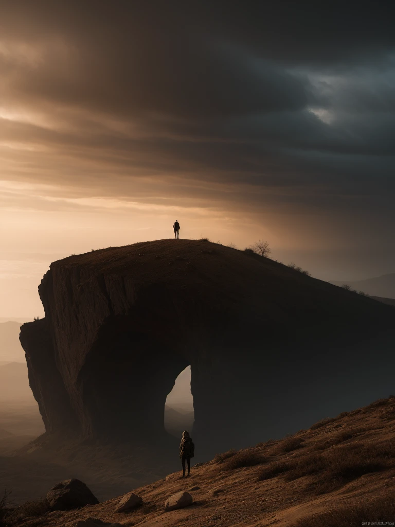 Spectacular artistic fusion,  The dreaded silence that hungers: out there and back. A lone figure of a female explorer with a backpack standing at the edge of a cliff, pensively staring out into a vast landscape of a dystopian and desolate city, at sunset, ray tracing, crepuscular rays, (cerebral:1.2), moody and atmospheric, cinematic masterpiece, a truly epic composition, apocalyptic art, futuristic folklore, (adventure pulp:1.3), she symbolises courage and resilience. The red haze fallout background should suggest a new dawn that aims to represent the "the day after tomorrow". Darkly Surreal colour palette, a combination of warm and cold hues, a spectacular fusion of colour and rich textures, surreal science fiction by surreal science fiction art—Simon Stålenhag, Jedd Chevrier, Michal Karcz, Darek Zabrocki, Kevin Jenkins and Sergei Sarichev, Piotr Jabłoński, ominous sky, Saby Menyhei, Sebastian Luca, immersive landscapes—Jon McCoy and Sparth, lush textures, unreal engine, octane render, visually interesting storytelling art, 4k, (epic art:1.4), gilded and desolate society to instill a sense of fear, but equally hope and a new beginning.