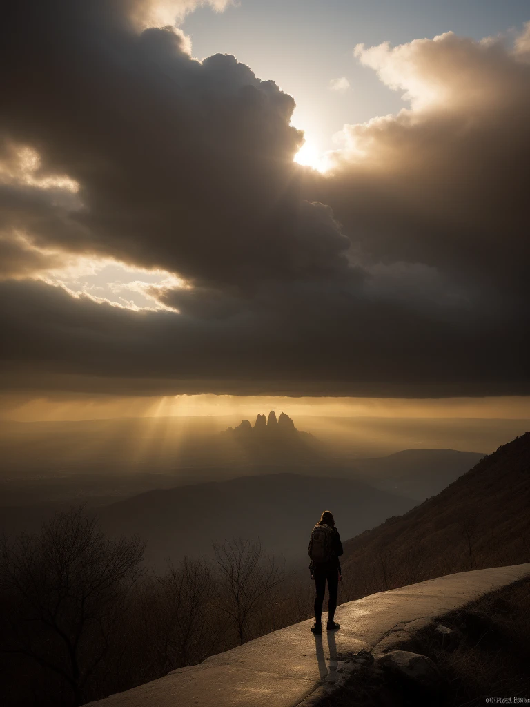 Spectacular artistic fusion,  The dreaded silence that hungers: out there and back. A lone figure of a female explorer with a backpack standing at the edge of a cliff, pensively staring out into a vast landscape of a dystopian and desolate city, at sunset, ray tracing, crepuscular rays, (cerebral:1.2), moody and atmospheric, cinematic masterpiece, a truly epic composition, apocalyptic art, futuristic folklore, (adventure pulp:1.3), she symbolises courage and resilience. The red haze fallout background should suggest a new dawn that aims to represent the "the day after tomorrow". Darkly Surreal colour palette, a combination of warm and cold hues, a spectacular fusion of colour and rich textures, surreal science fiction by surreal science fiction art—Simon Stålenhag, Jedd Chevrier, Michal Karcz, Darek Zabrocki, Kevin Jenkins and Sergei Sarichev, Piotr Jabłoński, ominous sky, Saby Menyhei, Sebastian Luca, immersive landscapes—Jon McCoy and Sparth, lush textures, unreal engine, octane render, visually interesting storytelling art, 4k, (epic art:1.4), gilded and desolate society to instill a sense of fear, but equally hope and a new beginning.