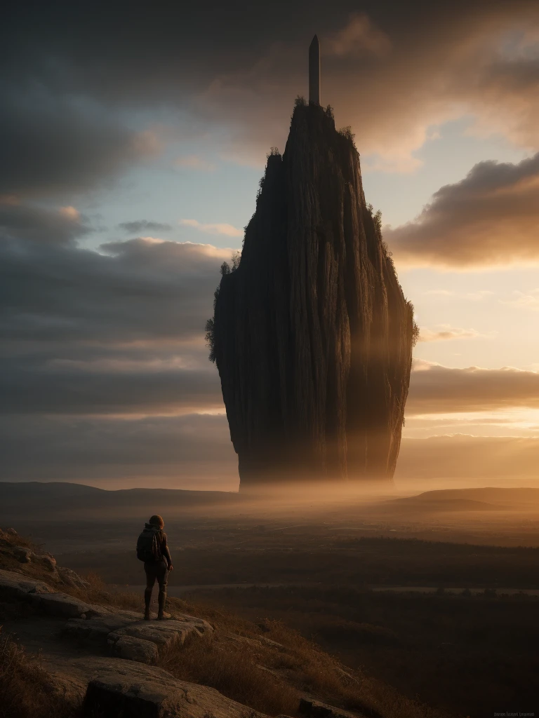 Spectacular artistic fusion,  The dreaded silence that hungers: out there and back. A lone figure of a female explorer with a backpack standing at the edge of a cliff, pensively staring out into a vast landscape of a dystopian and desolate city, at sunset, ray tracing, crepuscular rays, (cerebral:1.2), moody and atmospheric, cinematic masterpiece, a truly epic composition, apocalyptic art, futuristic folklore, (adventure pulp:1.3), she symbolises courage and resilience. The red haze fallout background should suggest a new dawn that aims to represent the "the day after tomorrow". Darkly Surreal colour palette, a combination of warm and cold hues, a spectacular fusion of colour and rich textures, surreal science fiction by surreal science fiction art—Simon Stålenhag, Jedd Chevrier, Michal Karcz, Darek Zabrocki, Kevin Jenkins and Sergei Sarichev, Piotr Jabłoński, ominous sky, Saby Menyhei, Sebastian Luca, immersive landscapes—Jon McCoy and Sparth, lush textures, unreal engine, octane render, visually interesting storytelling art, 4k, (epic art:1.4), gilded and desolate society to instill a sense of fear, but equally hope and a new beginning.