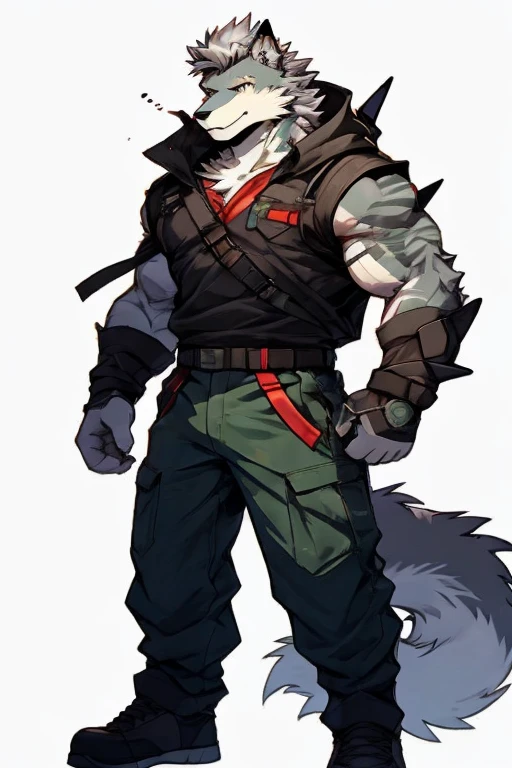 An Upper Torso Body And Right Body Picture of A Very Muscular Furry style Gray Wolf. he is wearing Full Armed Dark Green Soldier military Suit outfit. He is looking at the viewer. The background is only solid white nothing but just white. His hair is spikey and messy. He have A gray hair. He have a little smile with blushes on his face in shyness. He have a very long tail. he have gray eyes. his both hand are gripping together in between his legs. he is standing in the background.