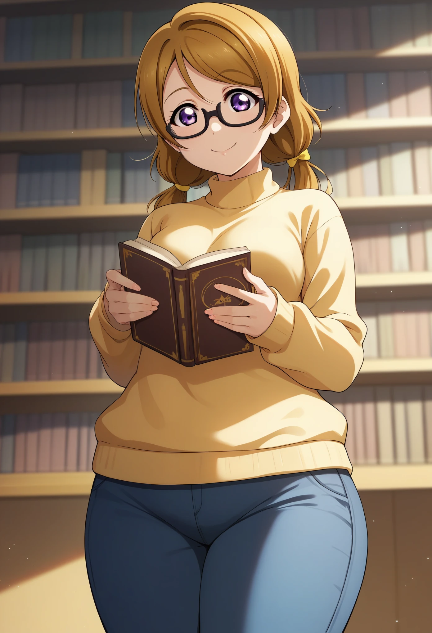 (Masterpiece, Best Quality, High Quality), shiny art,anime style, love live all stars art style, love live!,cowboy shot,volumetric lighting, beautiful, perfect lighting, perfect shadows, brown hair , Koizumi hanayo,id_hanayo_koizumi, medium hair,hanayo Koizumi, 1girl, low twintails, sweater, pants,thick fat thighs,fat crotch, wide hip, medium breasts , front view, standing,Purple eyes,in school library,holding book,black Framed glasses , smile 