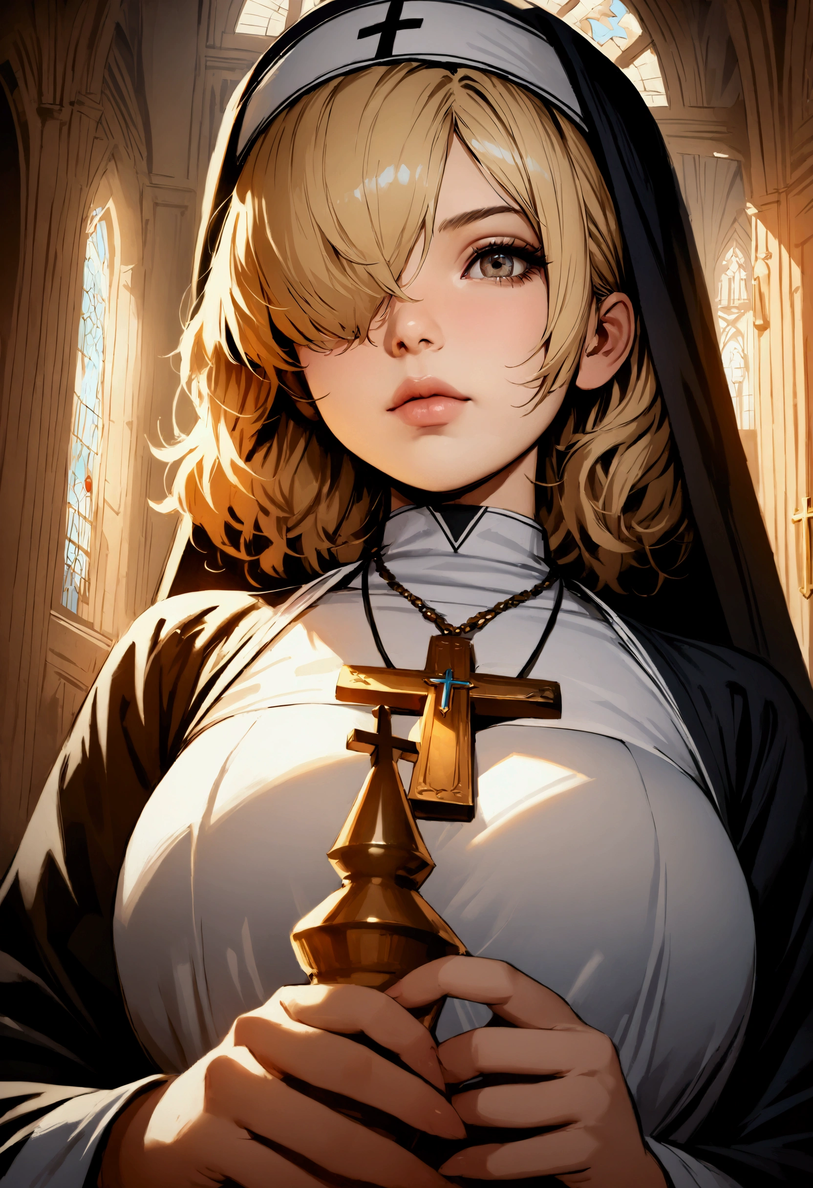 by Dino, best quality, masterpiece, detailed, aesthetic, best quality, masterpiece, detailed, aesthetic, blonde hair, church, 1girl, holding, nun, hair over one eye, indoors, cross, jewelry, lower half exposed,necklace, medium hair, robe, bounce light, realistic anatomy, high resolution, high quality, super detailed, sharp focus, perfect lighting, perfect colors, perfect perspective, balanced composition, hyperdetailed hatching, realistic proprotions,
