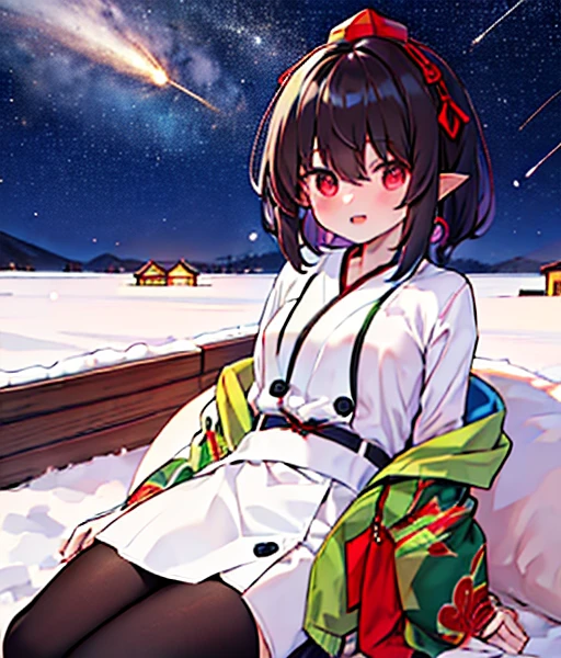 Shuten doju lies next to a pure white horse 🐴 The town is covered with snow and powdery snow is falling, Christmas town Aya from shuten doju is flying in the sky with her fellow yokai 🐦‍⬛ shuten doju aya is flying in the sky with black wings and taking photos 📷, a journalist flying in the sky, badass, small chest, shooting stars, night sky, the newspapers arround him flying, jupiter orbit, shameimaru aya, yukkuri, shameimaru aya