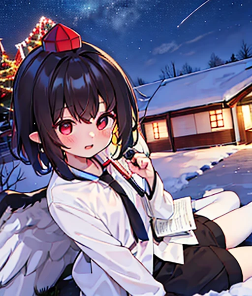 Shuten doju lies next to a pure white horse 🐴 The town is covered with snow and powdery snow is falling, Christmas town Aya from shuten doju is flying in the sky with her fellow yokai 🐦‍⬛ shuten doju aya is flying in the sky with black wings and taking photos 📷, a journalist flying in the sky, badass, small chest, shooting stars, night sky, the newspapers arround him flying, jupiter orbit, shameimaru aya, yukkuri, shameimaru aya