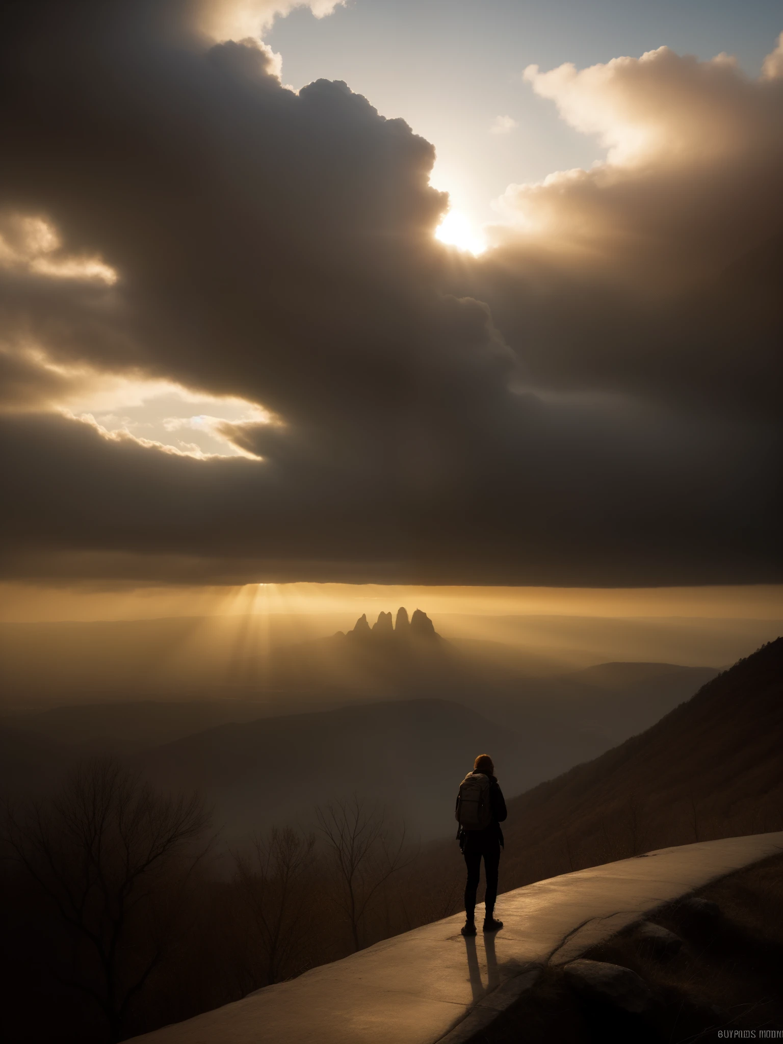 Spectacular artistic fusion,  The dreaded silence that hungers: out there and back. A lone figure of a female explorer with a backpack standing at the edge of a cliff, pensively staring out into a vast landscape of a dystopian and desolate city, at sunset, ray tracing, crepuscular rays, (cerebral:1.2), moody and atmospheric, cinematic masterpiece, a truly epic composition, apocalyptic art, futuristic folklore, (adventure pulp:1.3), she symbolises courage and resilience. The red haze fallout background should suggest a new dawn that aims to represent the "the day after tomorrow". Darkly Surreal colour palette, a combination of warm and cold hues, a spectacular fusion of colour and rich textures, surreal science fiction by surreal science fiction art—Simon Stålenhag, Jedd Chevrier, Michal Karcz, Darek Zabrocki, Kevin Jenkins and Sergei Sarichev, Piotr Jabłoński, ominous sky, Saby Menyhei, Sebastian Luca, immersive landscapes—Jon McCoy and Sparth, lush textures, unreal engine, octane render, visually interesting storytelling art, 4k, (epic art:1.4), gilded and desolate society to instill a sense of fear, but equally hope and a new beginning.