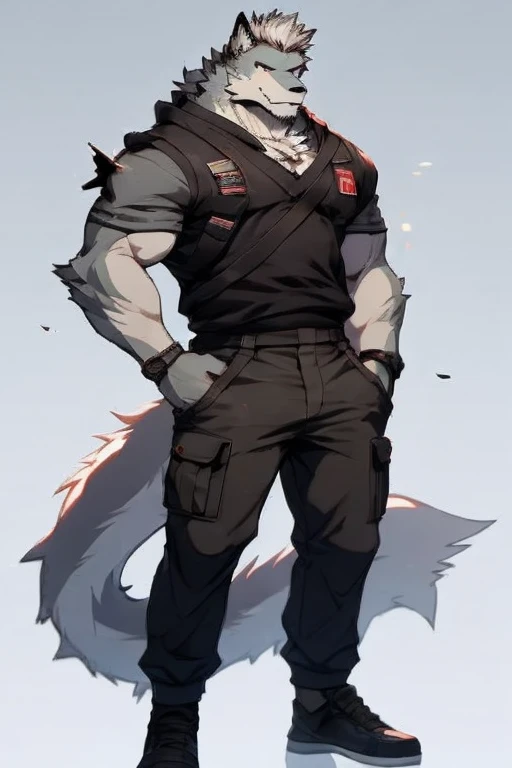 An Upper Torso Body And Right Body Picture of A Very Muscular Furry style Gray Wolf. he is wearing Full Armed Dark Green Soldier military Suit outfit. He is looking at the viewer. The background is only solid white nothing but just white. His hair is spikey and messy. He have A gray hair. He have a little smile with blushes on his face in shyness. He have a very long tail. he have gray eyes. his both hand are gripping together in between his legs. he is standing in the background.