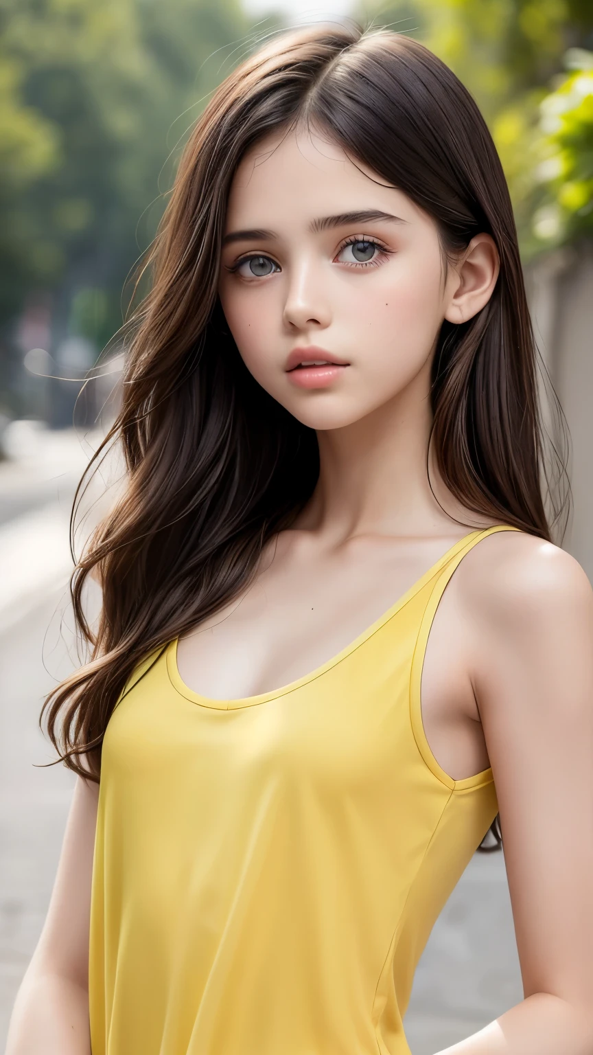 (Margaret Qualley)), (highest quality, High resolution, masterpiece :1.3), Beautiful  girl, slender body shape, dark brown hair, sleeveless T-shirt, Highly detailed face and skin texture, big beautiful eyes, double eyelid, liberty statue, Wishing for something, masterpiece, best quality, photorealistic, Citizen of Guinea-Bissau, very cute super model, perfect anatomy, skinny, flat chest, transparent yellow top, kristina pimenova
