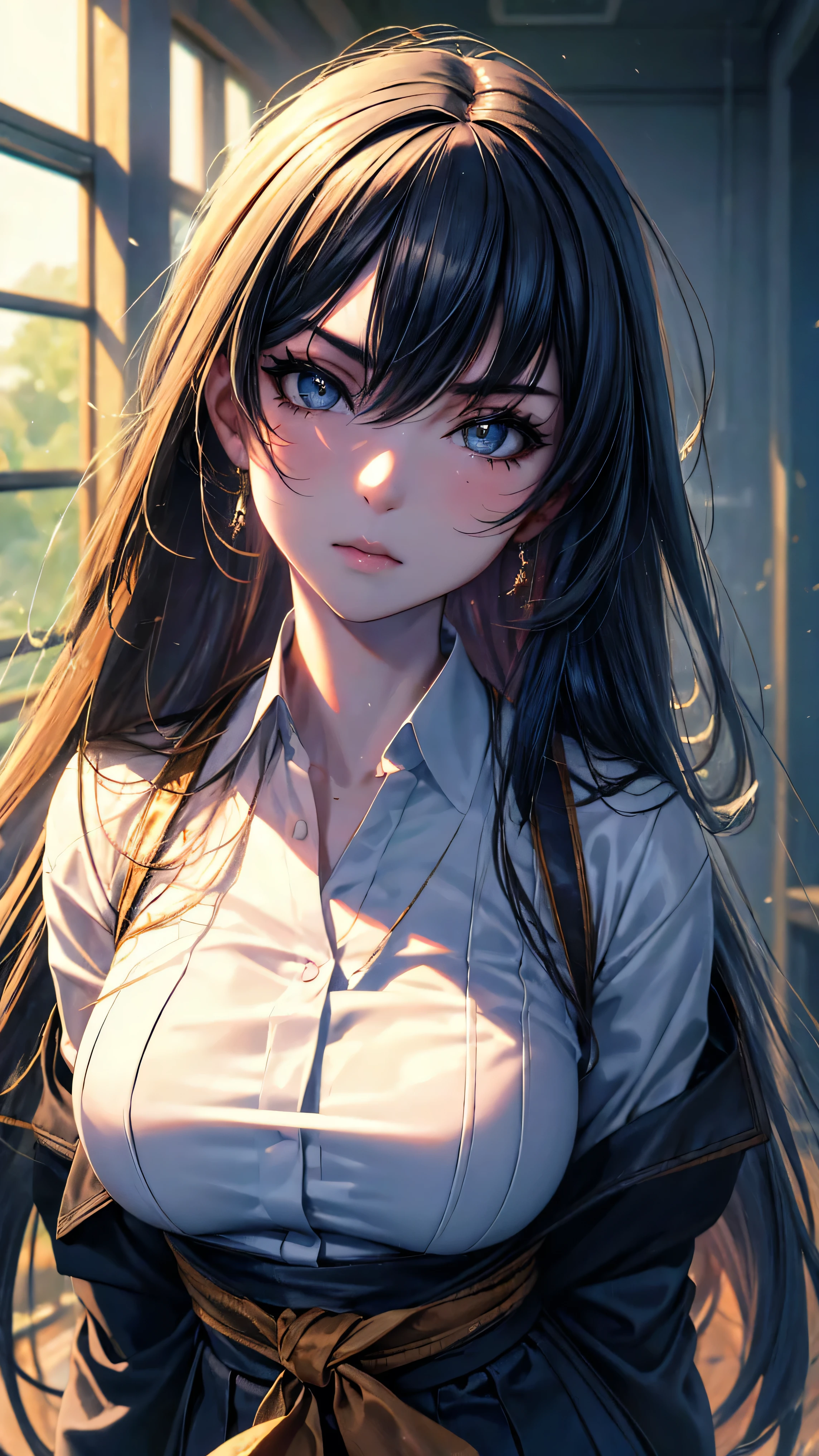 ((masterpiece)), (best quality), (ultra-detailed), 1girl, Close-up of the face, solo, Japanese high school girl, Tilt your head, slender build, 160cm tall, long straight black hair to the waist, black almond-shaped eyes with a slight upward tilt, serious expression, detail lip, standing in the classroom, sunlight streaming through windows, confident posture, determined gaze, a hint of vulnerability in eyes, meticulous appearance, neatly styled hair, realistic fabric textures, soft lighting, depth of field, high contrast, cinematic composition, Rule of thirds composition, Noise-free clean image, High detail, 8K resolution, official art, Splash anime art, Smooth anime CG art, pixiv, Sequential art