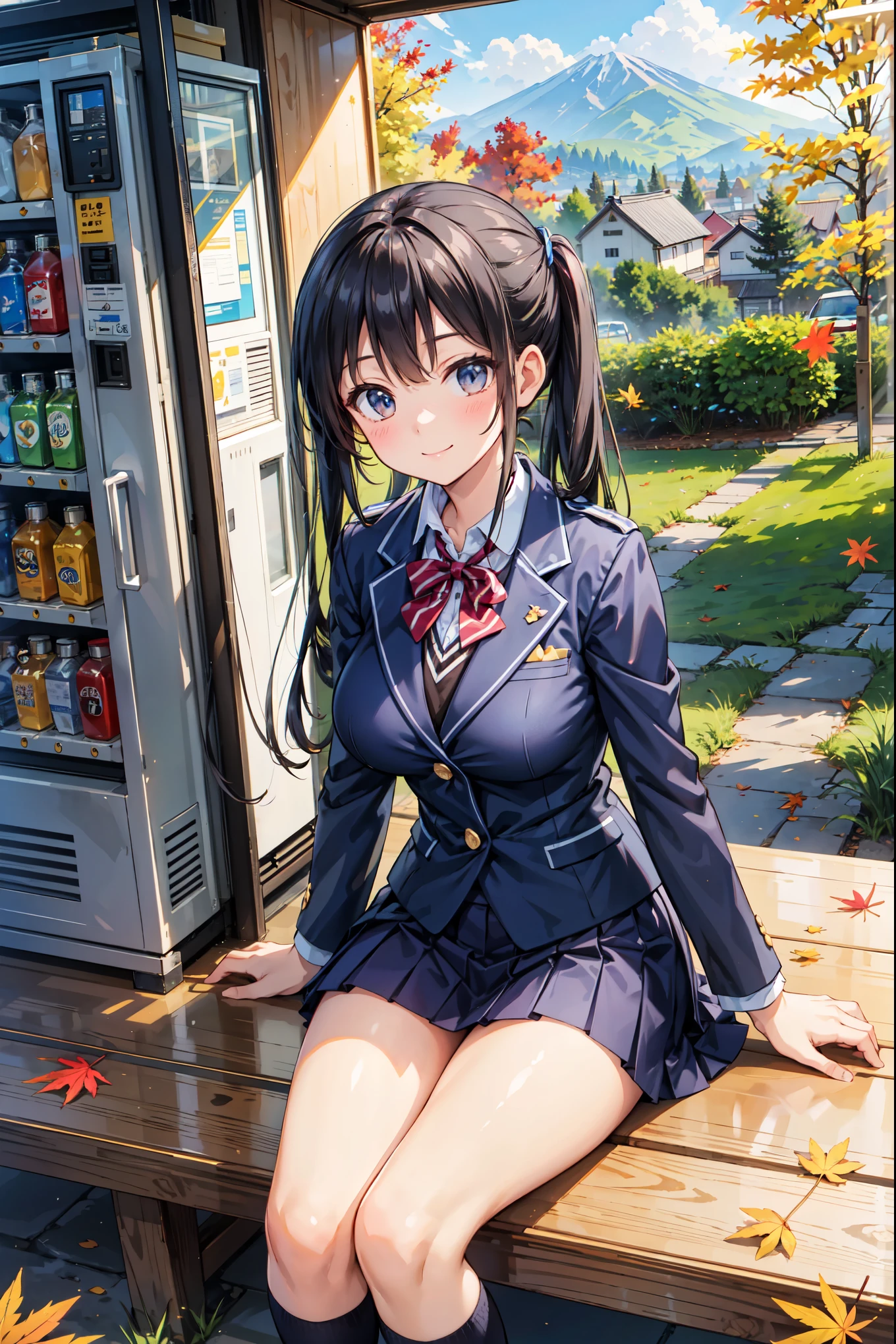 (((Masterpiece, 16k, Highest quality, Ultra-high resolution, Depth of subject))), ((Very detailed, Japanese countryside scenery, autumn leaves)), (((High school girl in blazer uniform, skirt, Big Breasts))), Old wooden shop in the countryside, The shop sign is very old, Japanese style drink vending machine, Buy juice, Sit on a bench, Drinking juice, Very cute smile, On the way home, 3pm, Peaceful scenery, Warm sunshine, Very accurate perspective