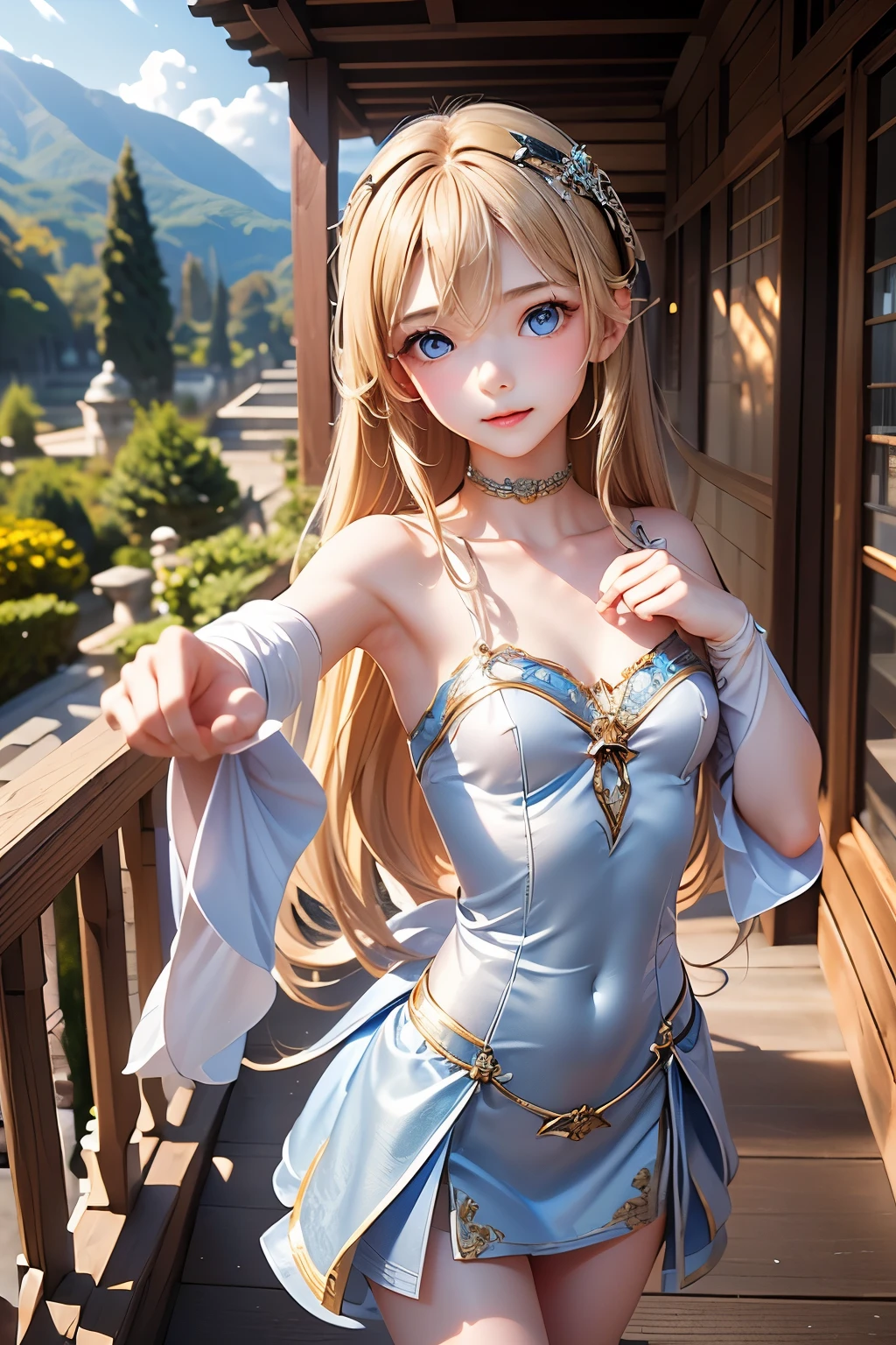 8k, hight_quality, best quality, zelda(princess), succubus, armpits, two_wings, pre_teenage_12_yearsold, large_blond_hairband, 1girl, blue_eyes, (loli_girl), big_legs, large_socks_thighs, shotrs_dress, big_hips, stand_up, smile_red_lips.
