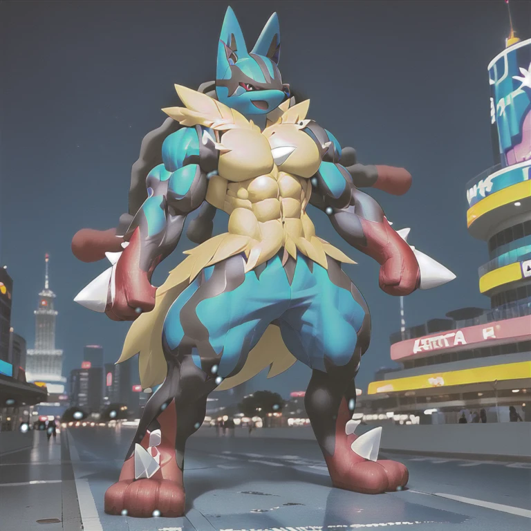 (masterpiece. official art. 8k. best quality. detailed full body. full body.)
(Megacario, blue skin, yellow fur, multicolored skin, black stripes, pokemon \(creature\), full body.)

(situation 1 : dominating Megacario. Megacario is over 1000 meters long. focus GIANT mechanical Muscular Megacario is trampling the city. Looking down. macro. stomp. Low-angle perspective. emphasizing the immense size.)
(situation 2 : A giant Megacario is destroying the city with an angry expression.)
(Additional details 2: Detailed head. Detailed Body. Detailed abs. gigantic muscles. HYPER MUSCLES. Gigachad Muscular. big muscle. pecs. triceps. traps. unusually developed muscular body. body full of huge muscles. showing off muscles. pectorales enormes. Exaggeratedly huge muscles. huge muscles. long legs. bulk up.).
(An arrogant expression. smile at the corner of your mouth.)
No nipples. 