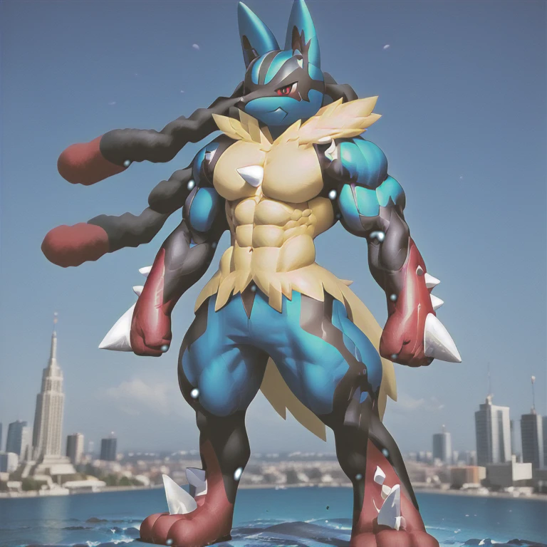 (masterpiece. official art. 8k. best quality. detailed full body. full body.)
(Megacario, blue skin, yellow fur, multicolored skin, black stripes, pokemon \(creature\), full body.)

(situation 1 : dominating Megacario. Megacario is over 1000 meters long. focus GIANT mechanical Muscular Megacario is trampling the city. Looking down. macro. stomp. Low-angle perspective. emphasizing the immense size.)
(situation 2 : A giant Megacario is destroying the city with an angry expression.)
(Additional details 2: Detailed head. Detailed Body. Detailed abs. gigantic muscles. HYPER MUSCLES. Gigachad Muscular. big muscle. pecs. triceps. traps. unusually developed muscular body. body full of huge muscles. showing off muscles. pectorales enormes. Exaggeratedly huge muscles. huge muscles. long legs. bulk up.).
(An arrogant expression. smile at the corner of your mouth.)
No nipples. 