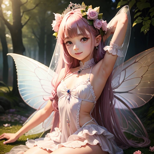 ( Absurd, High quality, ultra-detailed, masterpiece, concept art, smooth, highly detailed artwork, hyper-realistic painting ) , tiny , strawberry girl, Strawberries, cute, whole body, Romantic, Vivid, dreamy, fantasy, fairy wings, in the forest, enchanting glow, very detailed art, reveal clothes, sexy lace underwear