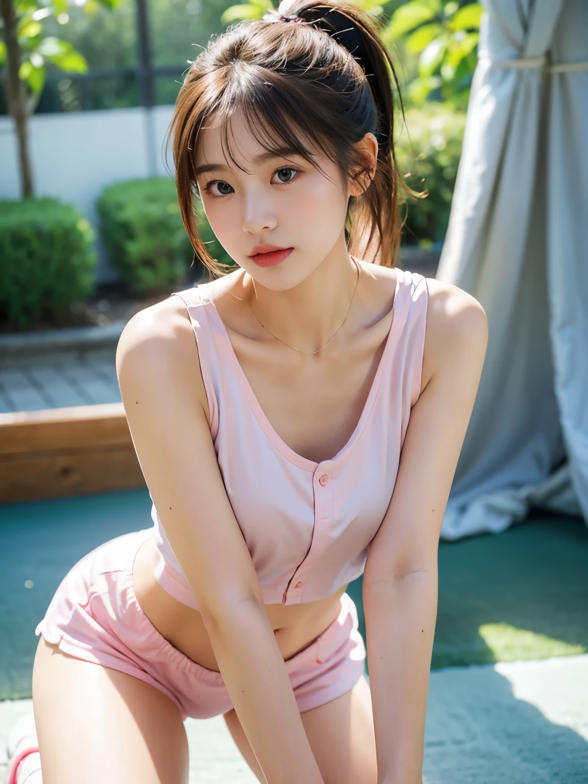 1girl, skinny teenager, short hair, pigtails, bangs, small waist, pink crop top, tight cotton pajama shorts, sitting on bed, detailed face, beautiful eyes, long eyelashes, realistic, photorealistic, high quality, 8k, masterpiece, vibrant colors, soft lighting, cozy atmosphere, ((skinny)), slim