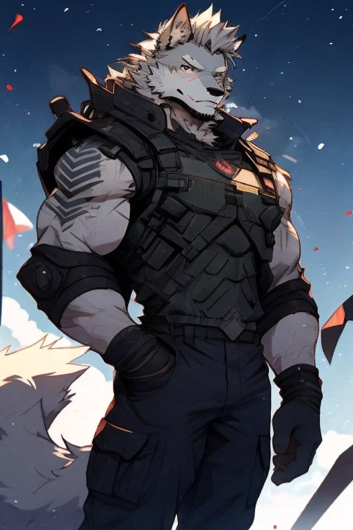 An Upper Torso Body And Right Body Picture of A Very Muscular Furry style Gray Wolf. he is wearing Full Armed Green Soldier military Suit outfit. He is looking at the viewer. The background is only solid white nothing but just white. His hair is spikey and messy. He have A gray hair. He have a little smile with blushes on his face in shyness. He have a very long and fluff up tail. he have gray eyes. his both hand are gripping together in between his legs. he is standing in the background.