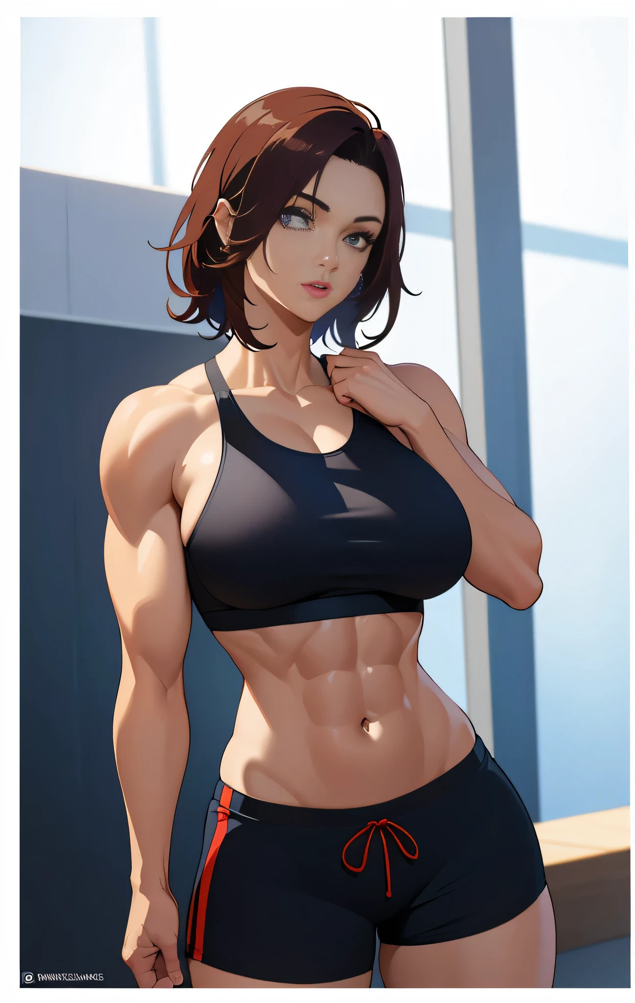 masterpiece, Best Quality, High resolution, 1woman, stupid, Gym, alone, Fit Girl, muscular!!, muscular!, muscular女性, Workout, Attractive anime women, Big Breasts, A woman with very large breasts, Muscle Sweat Lara Croft, Woman with short red hair, Blue Eyed Woman, Portrait of a seductive woman, clothing:Black sports bra, Very tall woman, A woman wearing shorts, The AI model | artgerm, sports bra with an black, Attractive anime woman, sports bra and shorts only, The King&#39;s Hymn as a Princess, looking at viewer, cowboy shot, female focus,