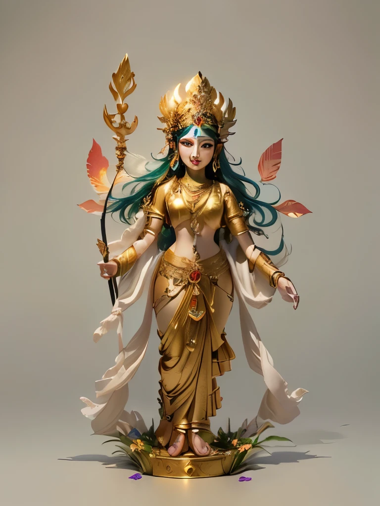 A green-skinned girl holding a trident stands in a garden，Young Girl，I.r“, IndIan goddess of wealth, IndIan goddess, Four arms，The upper right hand holds a trident halberd，Lower right hand holding a peacock feather fan，Holding a black snake in the upper left hand，Lower left hand mudra。There is a meadow full of flowers under your feet，远处是Snow Mountain，It is a place full of flowers，Forest of trees，Takayama，Snow Mountain，goddess. Extremely high level of detail, Hinduism is good, dIvIne goddess, female goddess, Complexion KE？Indian God, extremely detaIled goddess shot, 魅力goddess, Shiva, goddess of love and peace, mdae from matchstIcks Shiva, pagan goddess, time, earth goddess mythology, Hindu Art