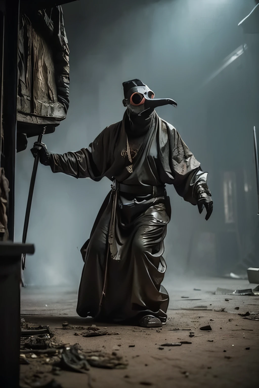  (((Decaying bodies))), ((Plague Mask)), The whole body is displayed, JRG Character, Medieval Fantasy, Worn Armor, Tattered Armor, Swordsman, Looking at the audience, Aggressive Posture, rpg, Post-apocalyptic, battle, Holding a Poison needle, Face guard, 