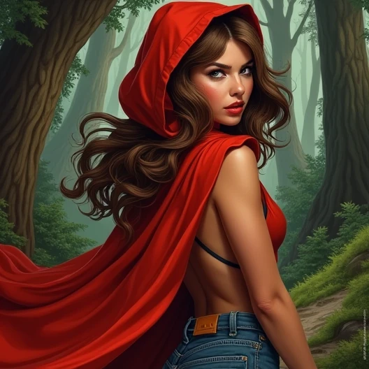 little Red Riding Hood nude at the florest, perfect eyes, beautiful face, pubic hair, small breast