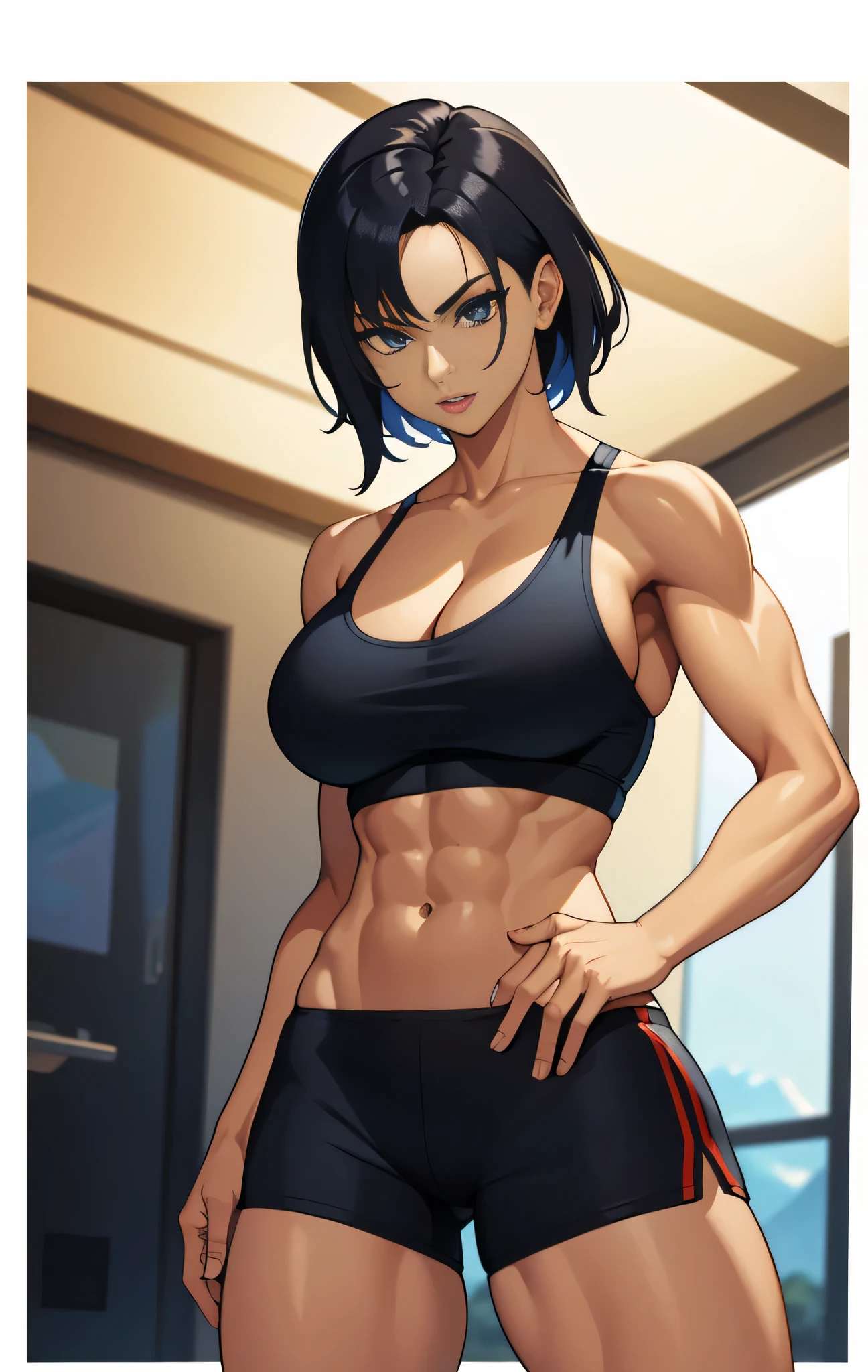 masterpiece, Best Quality, High resolution, 1woman, stupid, Gym, alone, Fit Girl, muscular!!, muscular!, muscular女性, Workout, Attractive anime women, Big Breasts, A woman with very large breasts, Muscle Sweat Lara Croft, Woman with short red hair, Blue Eyed Woman, Portrait of a seductive woman, clothing:Black sports bra, Very tall woman, A woman wearing shorts, The AI model | artgerm, sports bra with an black, Attractive anime woman, sports bra and shorts only, The King&#39;s Hymn as a Princess, looking at viewer, cowboy shot, female focus,