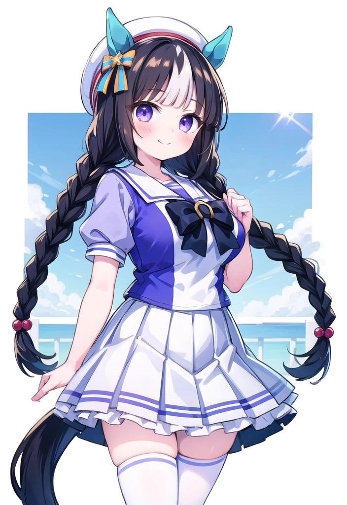 1girl, solo, masterpiece, best quality, perfect hands, blush, summer uniform, hokko tarumae \(umamusume\), smile, closed mouth, white hat, beret, serafuku, puffy short sleeves, purple bowtie, hair ornament, sailor collar, sailor shirt, purple shirt, white skirt, pleated skirt, white thighhighs, miniskirt, zettai ryouiki, twin braids, horse ear, horse tail, black hair, white, streaked hair, purple eyes, blunt bangs, huge breasts, bow, frills