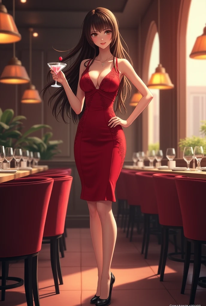 a pale woman with blue eyes and raven hair dressed elegantly in a red dress in an art gallery, He carries a glass in one hand, in the sixties