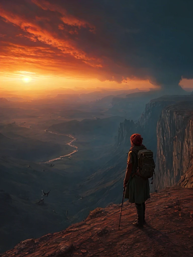 Spectacular artistic fusion,  The dreaded silence that hungers: out there and back. A lone figure of a female explorer with a backpack standing at the edge of a cliff, pensively staring out into a vast landscape of a dystopian and desolate city, at sunset, ray tracing, crepuscular rays, (cerebral:1.2), moody and atmospheric, cinematic masterpiece, a truly epic composition, apocalyptic art, futuristic folklore, (adventure pulp:1.3), she symbolises courage and resilience. The red haze fallout background should suggest a new dawn that aims to represent the "the day after tomorrow". Darkly Surreal colour palette, a combination of warm and cold hues, a spectacular fusion of colour and rich textures, surreal science fiction by surreal science fiction art—Simon Stålenhag, Jedd Chevrier, Michal Karcz, Darek Zabrocki, Kevin Jenkins and Sergei Sarichev, Piotr Jabłoński, ominous sky, Saby Menyhei, Sebastian Luca, immersive landscapes—Jon McCoy and Sparth, lush textures, unreal engine, octane render, visually interesting storytelling art, 4k, (epic art:1.4), gilded and desolate society to instill a sense of fear, but equally hope and a new beginning.