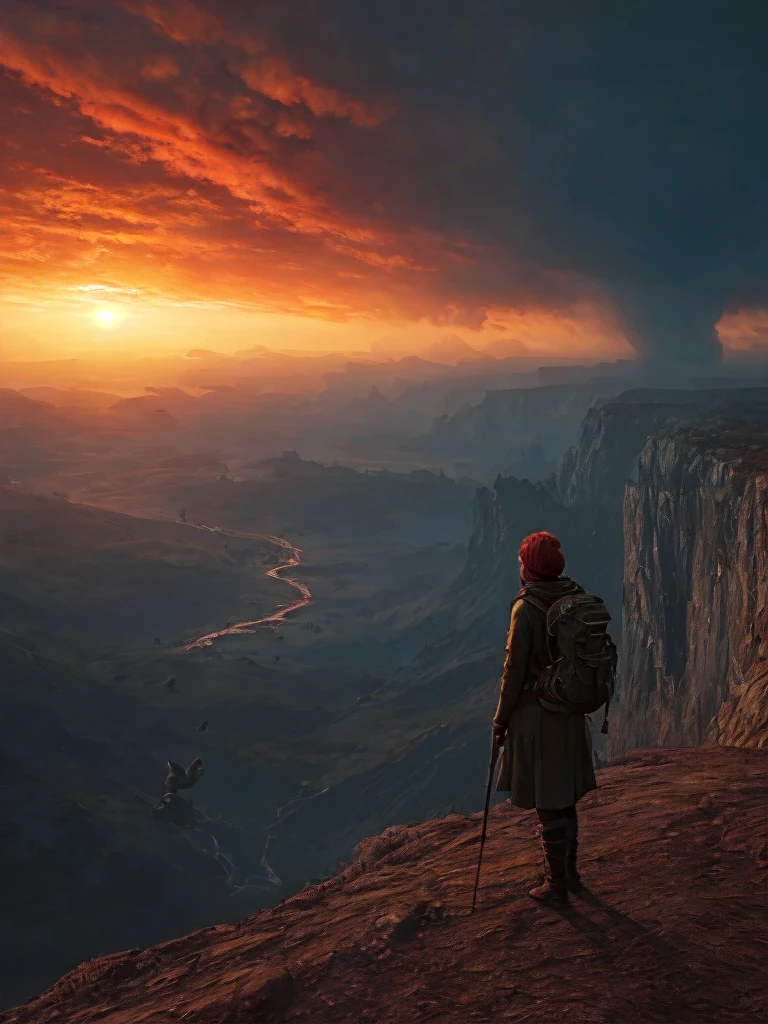 Spectacular artistic fusion,  The dreaded silence that hungers: out there and back. A lone figure of a female explorer with a backpack standing at the edge of a cliff, pensively staring out into a vast landscape of a dystopian and desolate city, at sunset, ray tracing, crepuscular rays, (cerebral:1.2), moody and atmospheric, cinematic masterpiece, a truly epic composition, apocalyptic art, futuristic folklore, (adventure pulp:1.3), she symbolises courage and resilience. The red haze fallout background should suggest a new dawn that aims to represent the "the day after tomorrow". Darkly Surreal colour palette, a combination of warm and cold hues, a spectacular fusion of colour and rich textures, surreal science fiction by surreal science fiction art—Simon Stålenhag, Jedd Chevrier, Michal Karcz, Darek Zabrocki, Kevin Jenkins and Sergei Sarichev, Piotr Jabłoński, ominous sky, Saby Menyhei, Sebastian Luca, immersive landscapes—Jon McCoy and Sparth, lush textures, unreal engine, octane render, visually interesting storytelling art, 4k, (epic art:1.4), gilded and desolate society to instill a sense of fear, but equally hope and a new beginning.