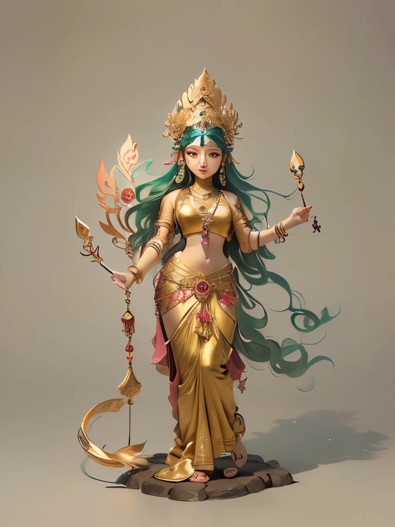 A green-skinned girl holding a trident stands in a garden，Young Girl，I.r“, IndIan goddess of wealth, IndIan goddess, Four arms，The upper right hand holds a trident halberd，Lower right hand holding a peacock feather fan，Holding a black snake in the upper left hand，Lower left hand mudra。There is a meadow full of flowers under your feet，远处是Snow Mountain，It is a place full of flowers，Forest of trees，Takayama，Snow Mountain，goddess. Extremely high level of detail, Hinduism is good, dIvIne goddess, female goddess, Complexion KE？Indian God, extremely detaIled goddess shot, 魅力goddess, Shiva, goddess of love and peace, mdae from matchstIcks Shiva, pagan goddess, time, earth goddess mythology, Hindu Art