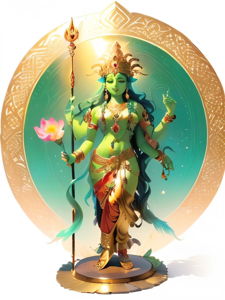 A green-skinned girl holding a trident stands in a garden，Young Girl，I.r“, IndIan goddess of wealth, IndIan goddess, Four arms，The upper right hand holds a trident halberd，Lower right hand holding a peacock feather fan，Holding a black snake in the upper left hand，Lower left hand mudra。There is a meadow full of flowers under your feet，远处是Snow Mountain，It is a place full of flowers，Forest of trees，Takayama，Snow Mountain，goddess. Extremely high level of detail, Hinduism is good, dIvIne goddess, female goddess, Complexion KE？Indian God, extremely detaIled goddess shot, 魅力goddess, Shiva, goddess of love and peace, mdae from matchstIcks Shiva, pagan goddess, time, earth goddess mythology, Hindu Art