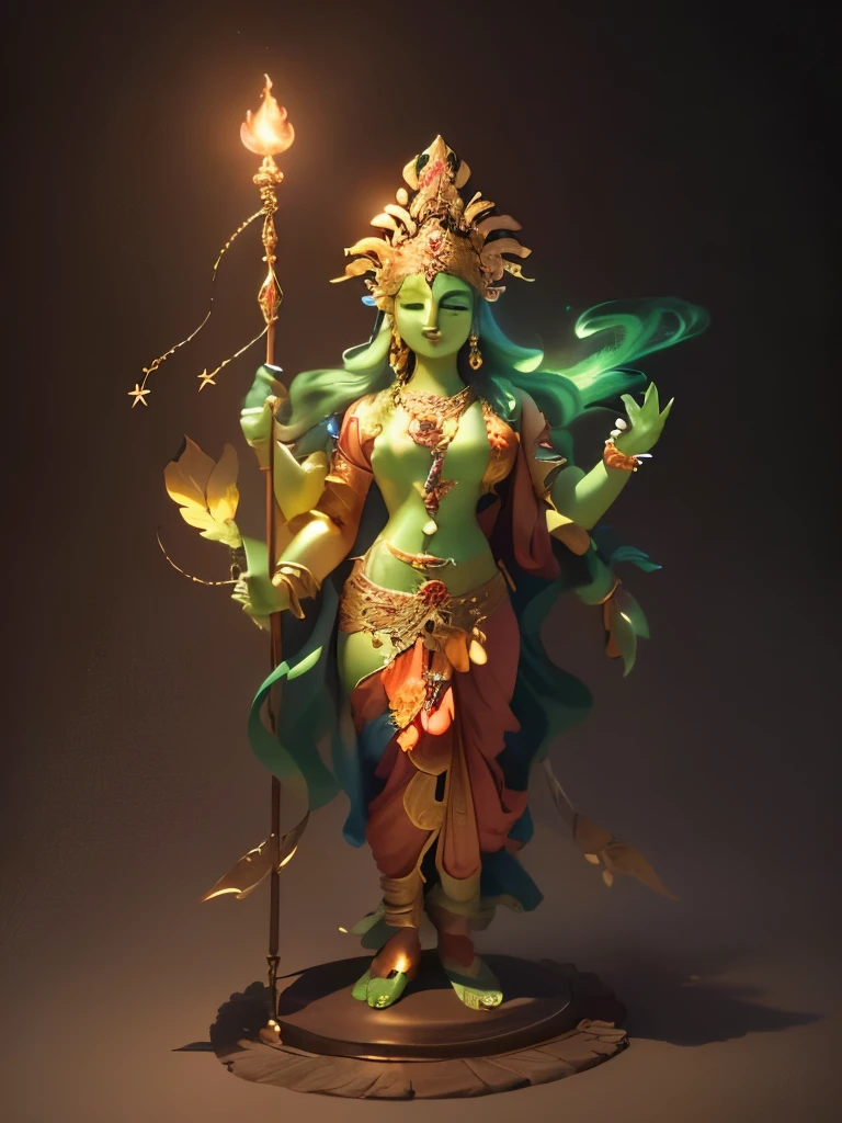 A green-skinned girl holding a trident stands in a garden，Young Girl，I.r“, IndIan goddess of wealth, IndIan goddess, Four arms，The upper right hand holds a trident halberd，Lower right hand holding a peacock feather fan，Holding a black snake in the upper left hand，Lower left hand mudra。There is a meadow full of flowers under your feet，远处是Snow Mountain，It is a place full of flowers，Forest of trees，Takayama，Snow Mountain，goddess. Extremely high level of detail, Hinduism is good, dIvIne goddess, female goddess, Complexion KE？Indian God, extremely detaIled goddess shot, 魅力goddess, Shiva, goddess of love and peace, mdae from matchstIcks Shiva, pagan goddess, time, earth goddess mythology, Hindu Art