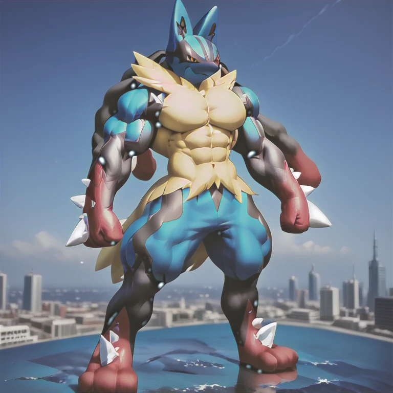 (masterpiece. official art. 8k. best quality. detailed full body. full body.)
(Megacario, blue skin, yellow fur, multicolored skin, black stripes, pokemon \(creature\), full body.)

(situation 1 : dominating Megacario. Megacario is over 1000 meters long. focus GIANT mechanical Muscular Megacario is trampling the city. Looking down. macro. stomp. Low-angle perspective. emphasizing the immense size.)
(situation 2 : A giant Megacario is destroying the city with an angry expression.)
(Additional details 2: Detailed head. Detailed Body. Detailed abs. gigantic muscles. HYPER MUSCLES. Gigachad Muscular. big muscle. pecs. triceps. traps. unusually developed muscular body. body full of huge muscles. showing off muscles. pectorales enormes. Exaggeratedly huge muscles. huge muscles. long legs. bulk up.).
(An arrogant expression. smile at the corner of your mouth.)
No nipples. 