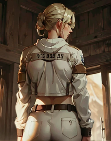 Masterpiece, Best quality, high resolution, Hair ribbon, ponytail braid,  white, full body, medium breasts, FROM BACK,  with the butt up, tight white pants,  tall showing on ass, SHOW BOOTY, camisa white, brown jacket,blonde , covers the whole sexy body, military shoes (standing) (pantalon sexy)