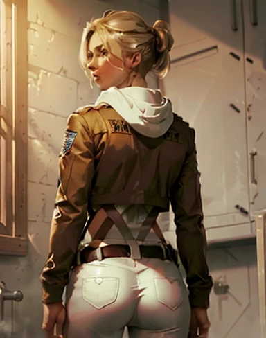 Masterpiece, Best quality, high resolution, Hair ribbon, ponytail braid,  white, full body, medium breasts, FROM BACK,  with the butt up, tight white pants,  tall showing on ass, SHOW BOOTY, camisa white, brown jacket,blonde , covers the whole sexy body, military shoes (standing) (pantalon sexy)