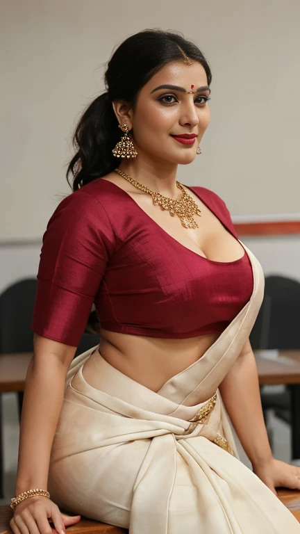 close up photo of sexy indian teacher , sitting on table in classroom, surrounded by mens,men surrounding her,she pull coller of mens shirt, hourglass figure, swooping breasts, deep cleavage, curvy, erotic standing having sex with big eggplant with wide open spread legs, sexy armpits, seductive eyes, sultry, look at viewer and subtle smile, traditional half sleeves blouse with traditional saree, red lips, ponytail, necklace, 4K, HD