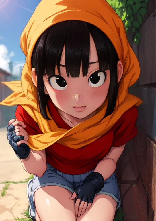 masterpiece, The best quality, The highest quality, photorealistic, perfect anatomy, Perfect face, perfect eyes,
pandballgt, 1 , black eyes, black hair, short hair, orange scarf, pants, fingerless gloves, red shirt, Crop above, exterior, ((show legs)),pose sexy, ((giving blowjob to man))