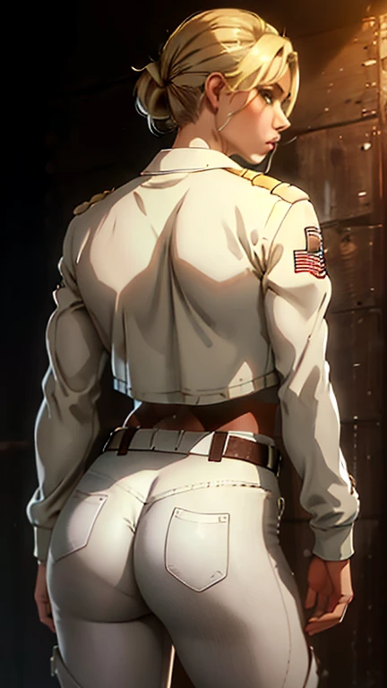 Masterpiece, Best quality, high resolution, Hair ribbon, ponytail braid,  white, full body, medium breasts, FROM BACK,  with the butt up, tight white pants,  tall showing on ass, SHOW BOOTY, camisa white, brown jacket,blonde , covers the whole sexy body, military shoes (standing) (pantalon sexy)