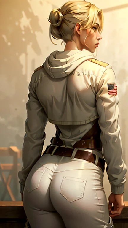 Masterpiece, Best quality, high resolution, Hair ribbon, ponytail braid,  white, full body, medium breasts, FROM BACK,  with the butt up, tight white pants,  tall showing on ass, SHOW BOOTY, camisa white, brown jacket,blonde , covers the whole sexy body, military shoes (standing) (pantalon sexy)